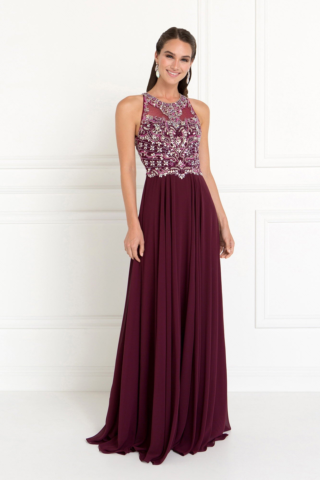 Chiffon A-Line Long Dress with Beads and Jewels Embellished - RoshelLuxe.com