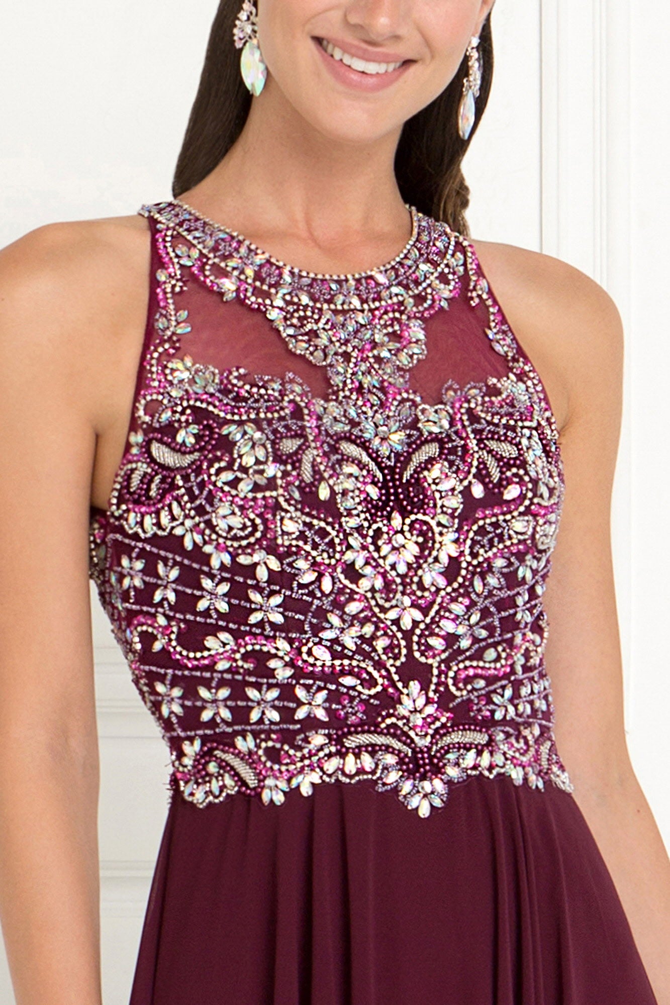 Chiffon A-Line Long Dress with Beads and Jewels Embellished - RoshelLuxe.com