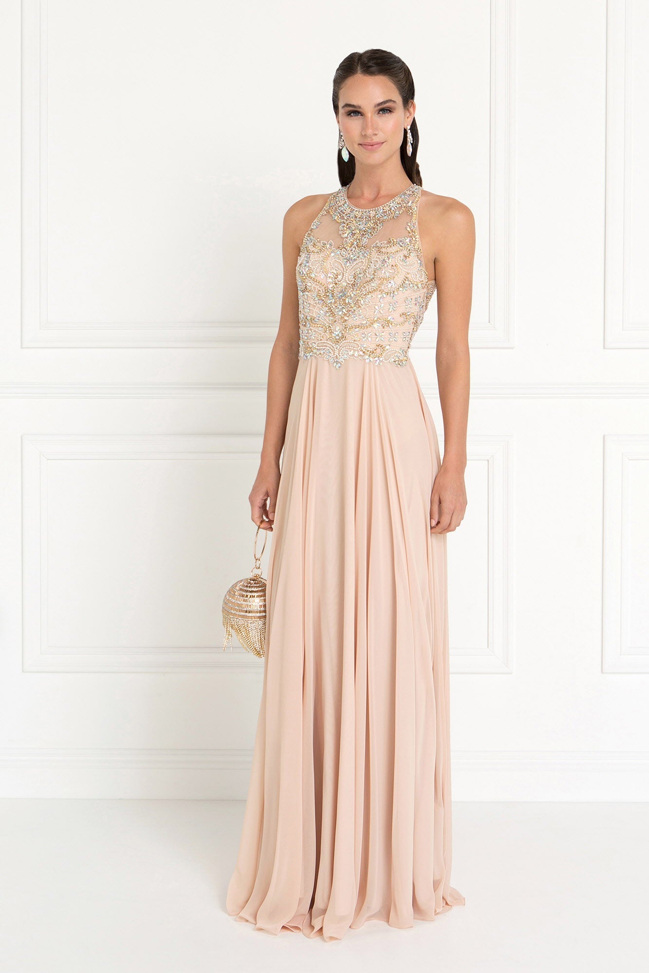 Chiffon A-Line Long Dress with Beads and Jewels Embellished - RoshelLuxe.com