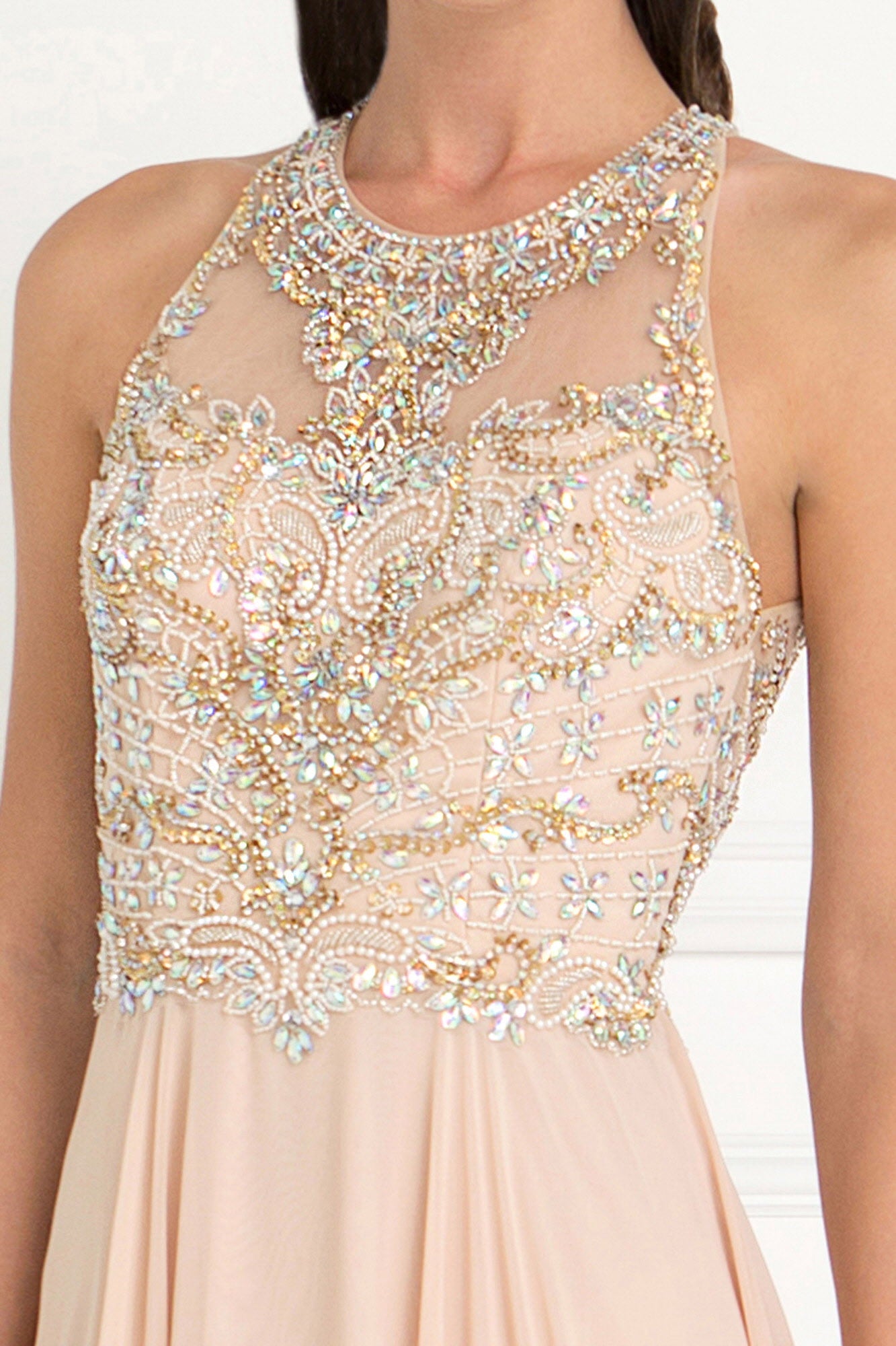 Chiffon A-Line Long Dress with Beads and Jewels Embellished - RoshelLuxe.com