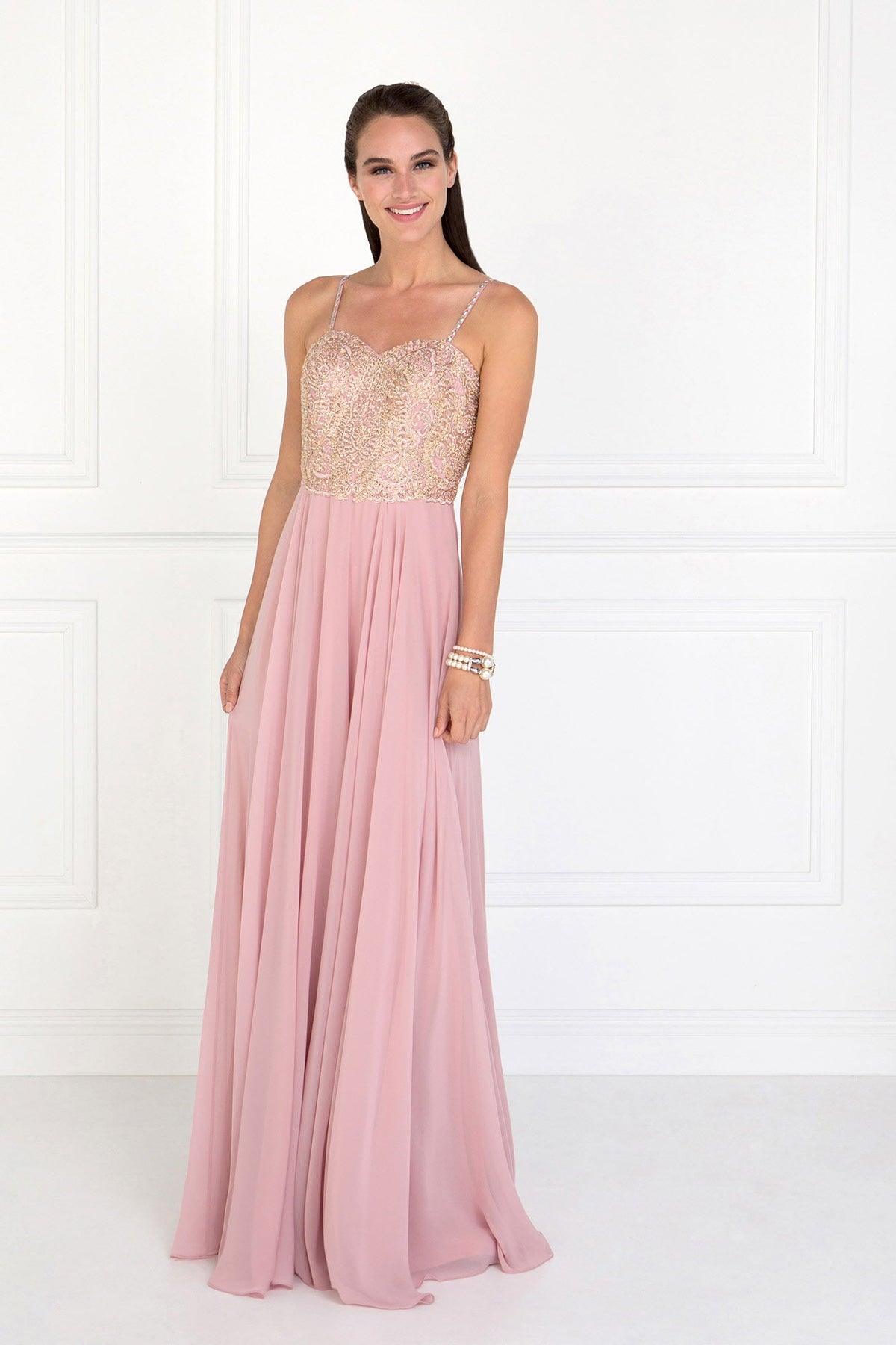 Chiffon Sweetheart A-Ling Long Dress with Jewels Embellished - RoshelLuxe.com