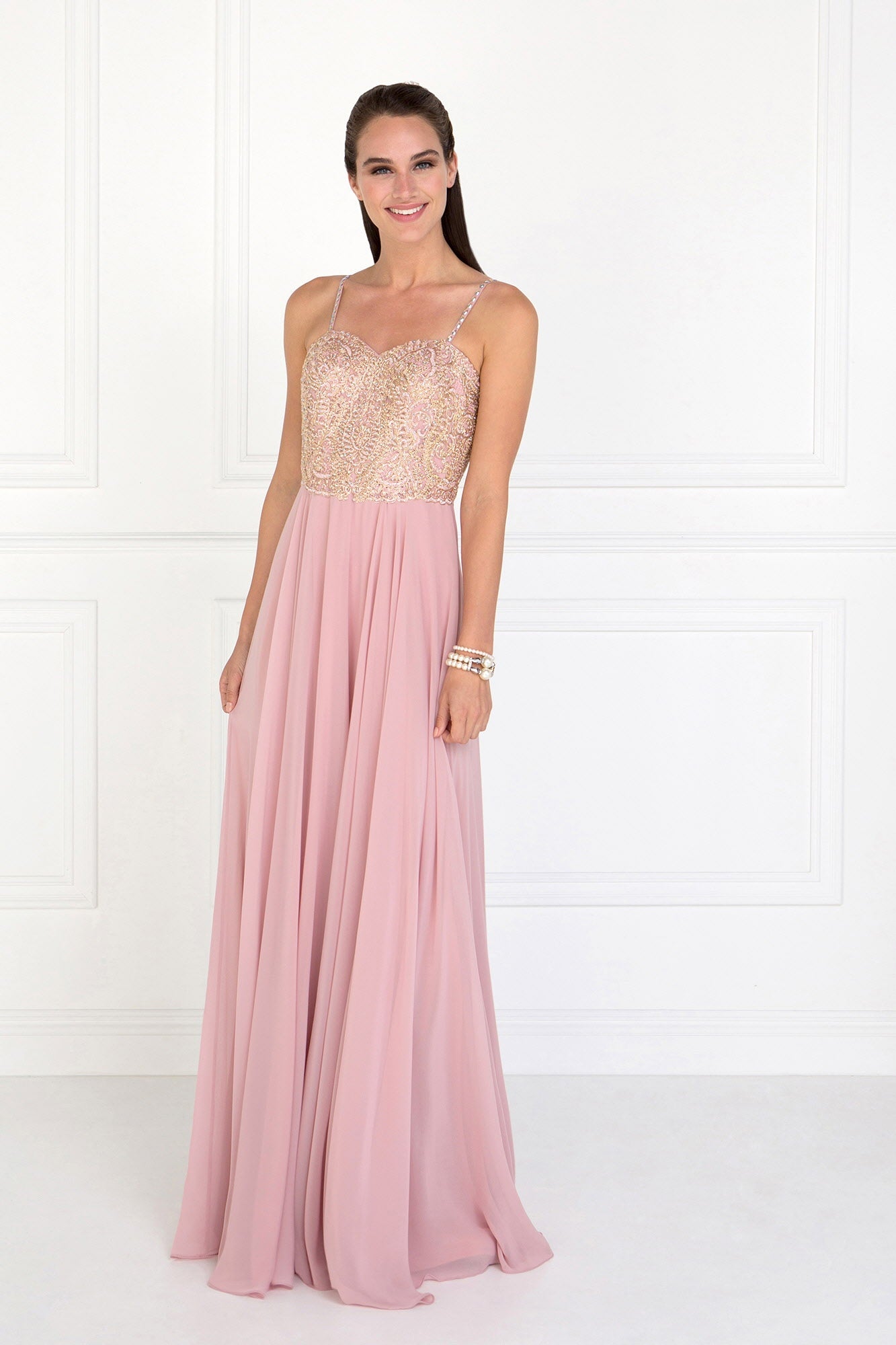 Chiffon Sweetheart A-Ling Long Dress with Jewels Embellished - RoshelLuxe.com