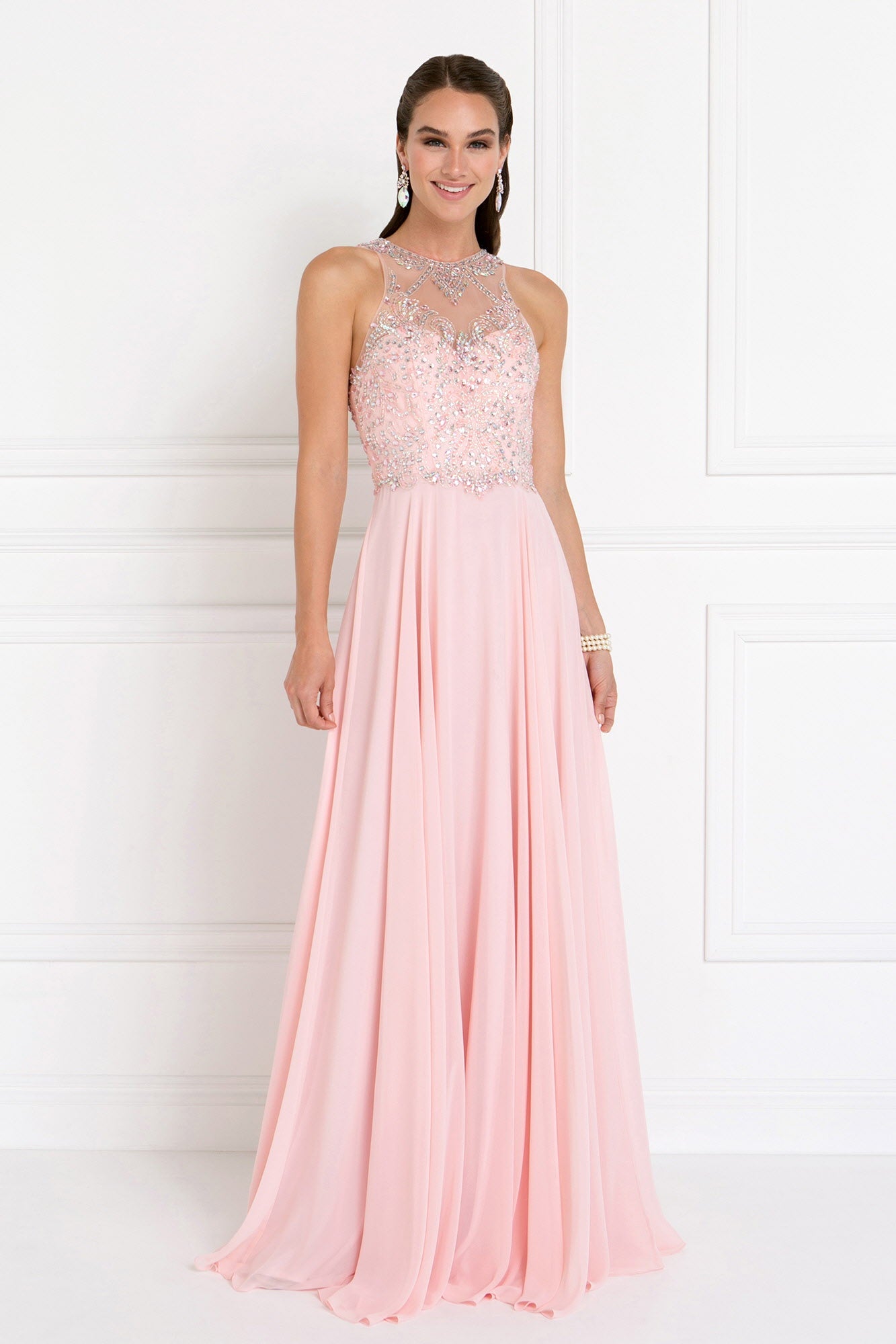 Chiffon Illusion Sweetheart A-Line Long Dress with Rhinestones - RoshelLuxe.com