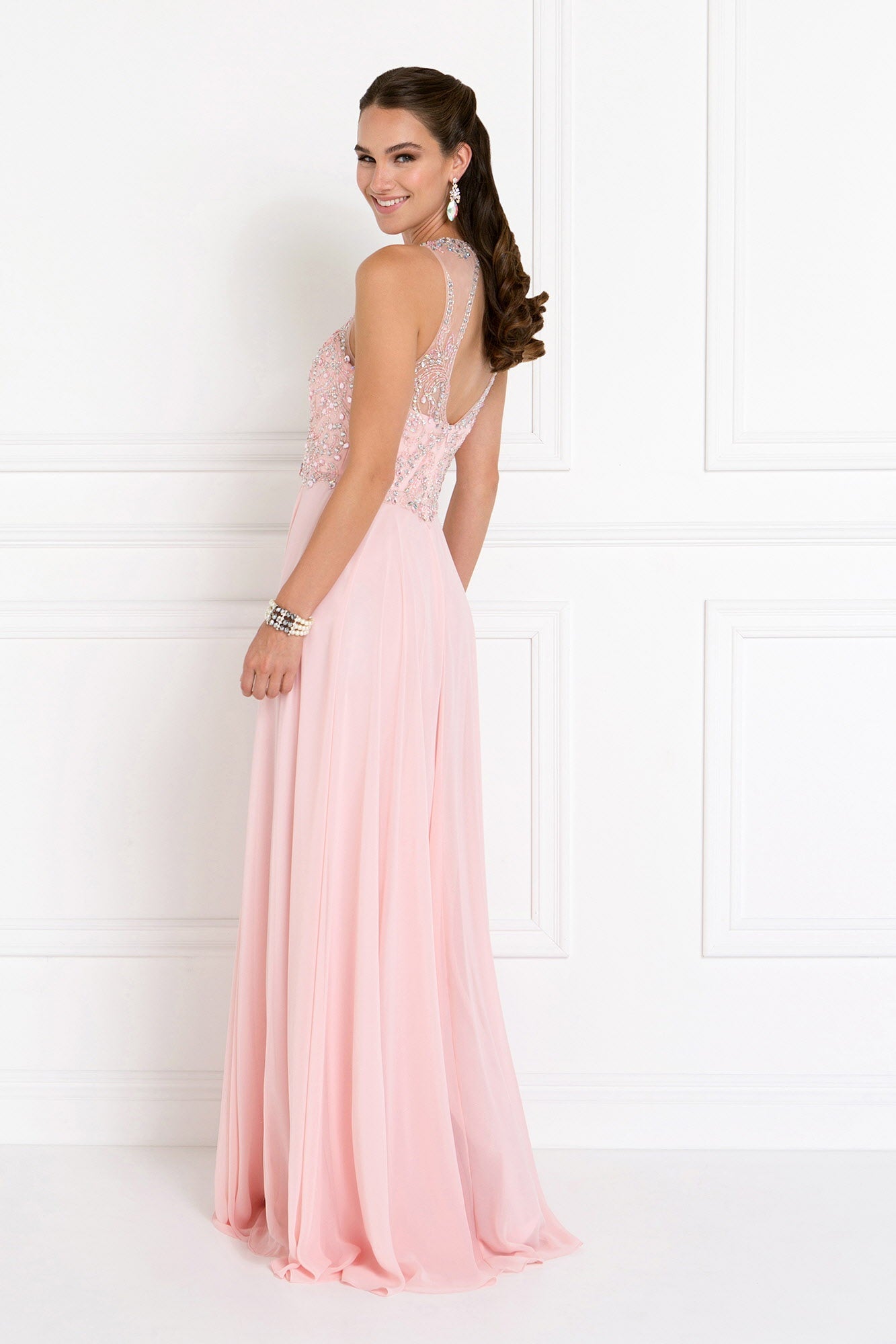 Chiffon Illusion Sweetheart A-Line Long Dress with Rhinestones - RoshelLuxe.com