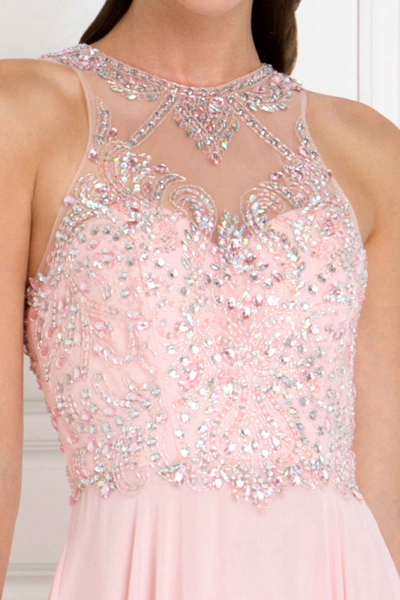 Chiffon Illusion Sweetheart A-Line Long Dress with Rhinestones - RoshelLuxe.com
