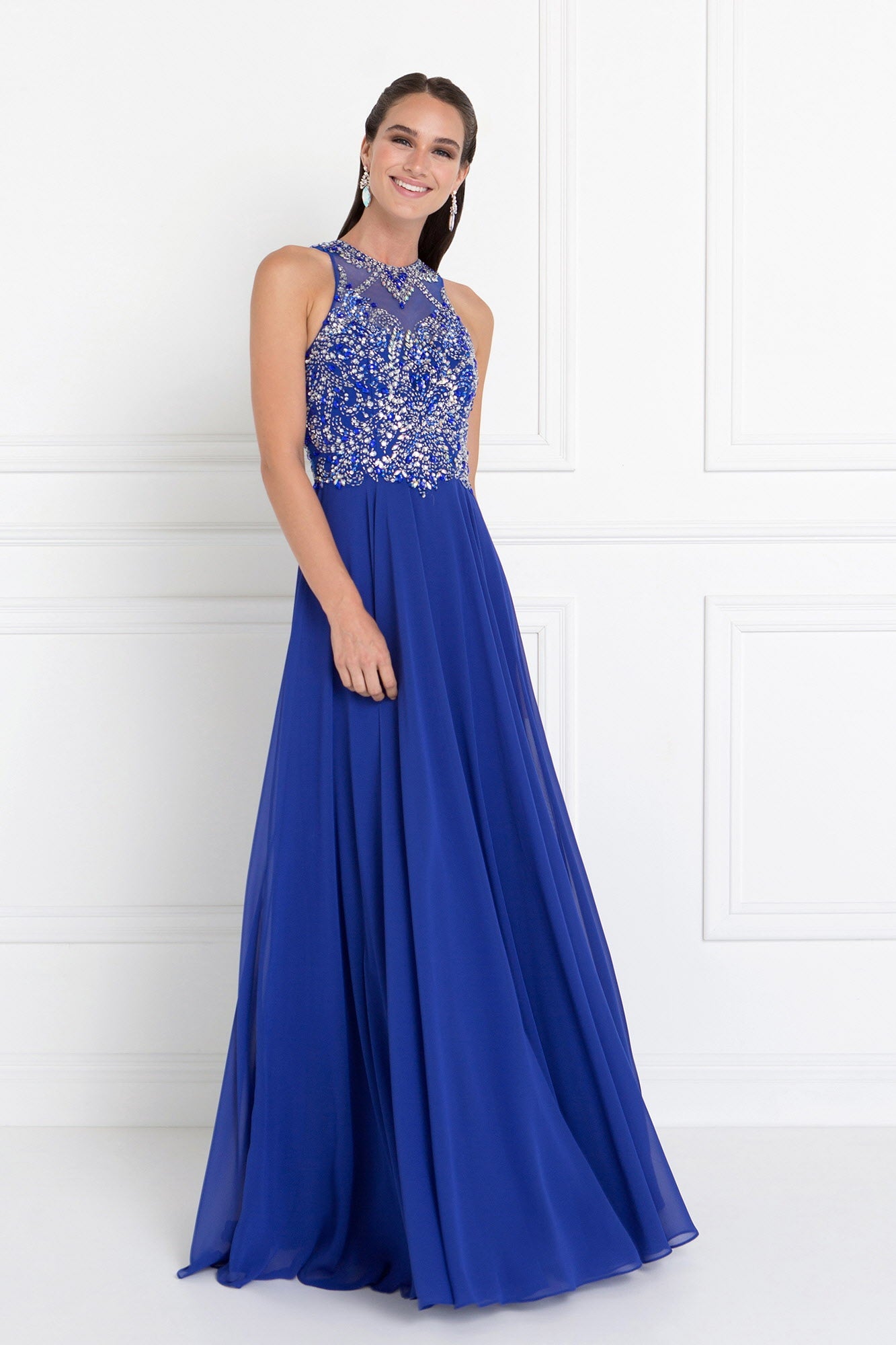 Chiffon Illusion Sweetheart A-Line Long Dress with Rhinestones - RoshelLuxe.com