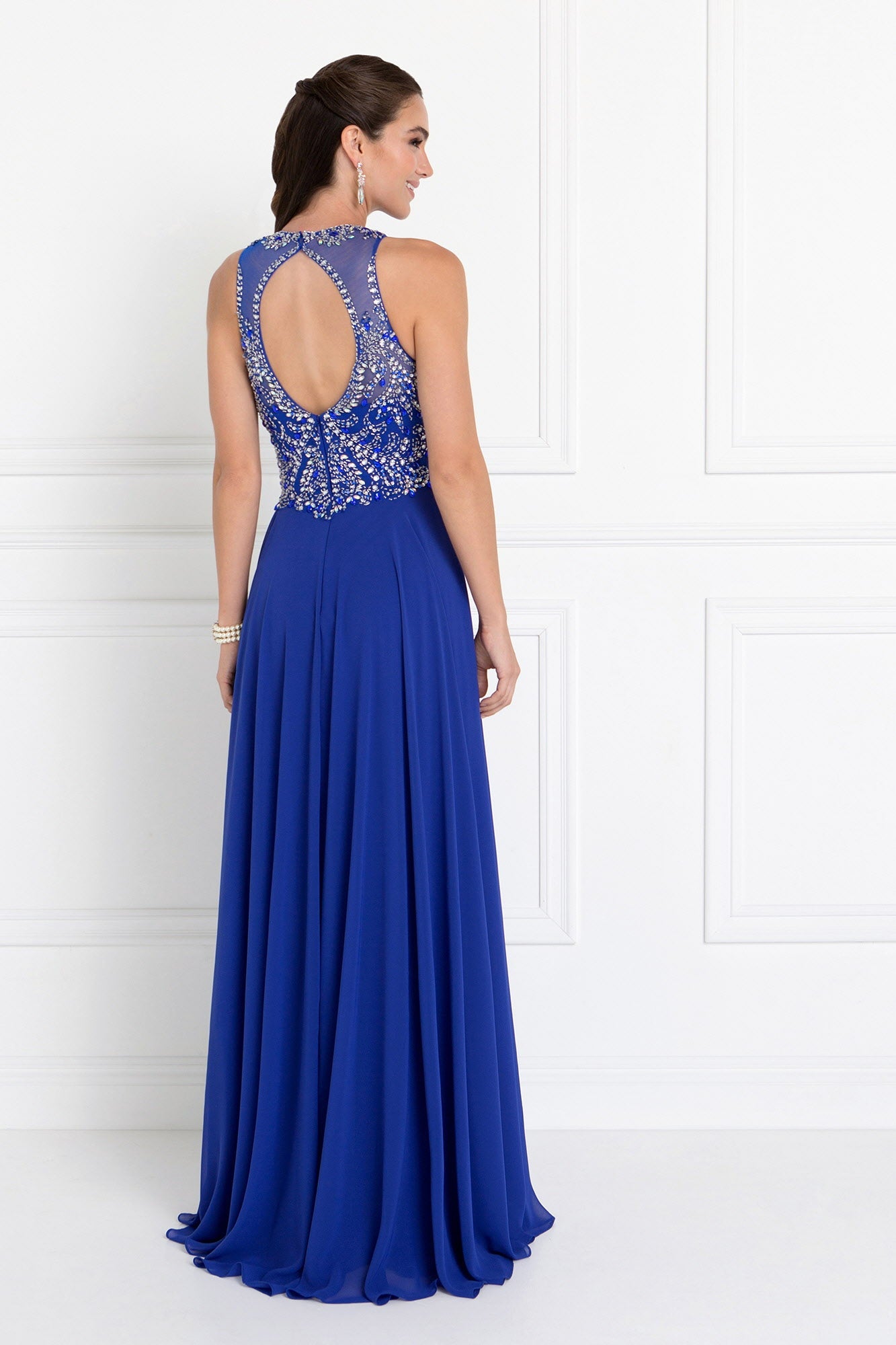 Chiffon Illusion Sweetheart A-Line Long Dress with Rhinestones - RoshelLuxe.com