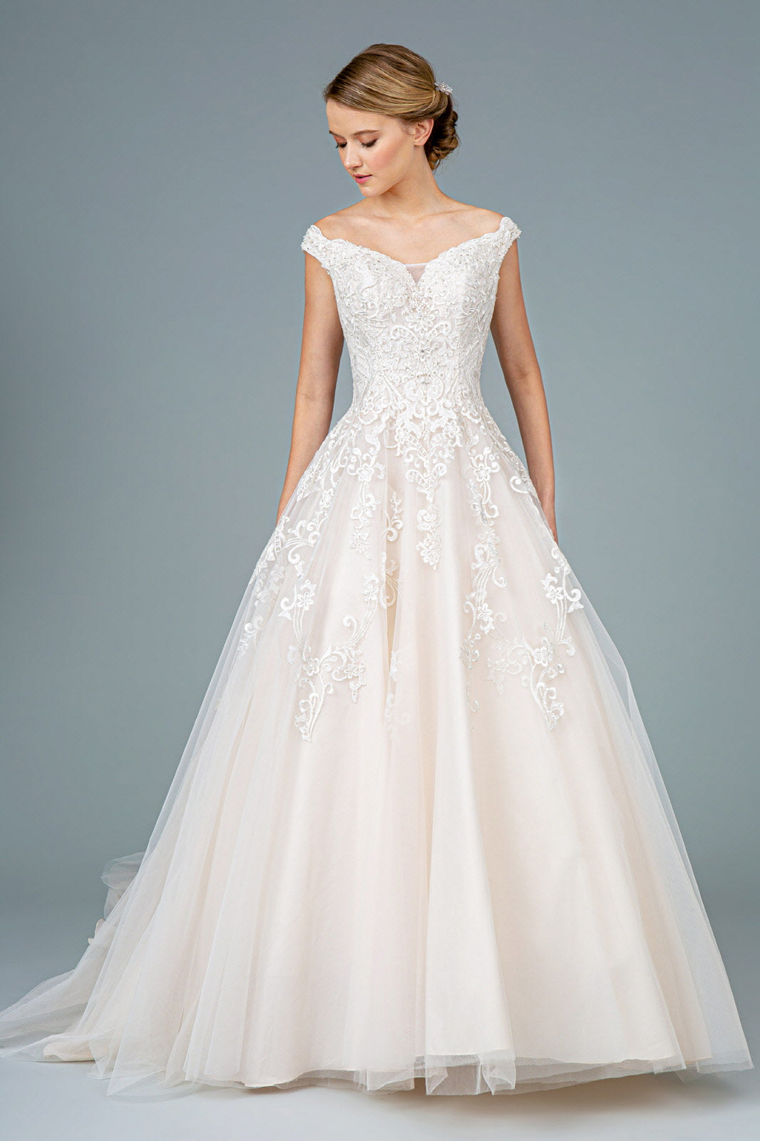 Embroidery Embellished Mesh A-Line Wedding Gown w/ Tail - RoshelLuxe.com