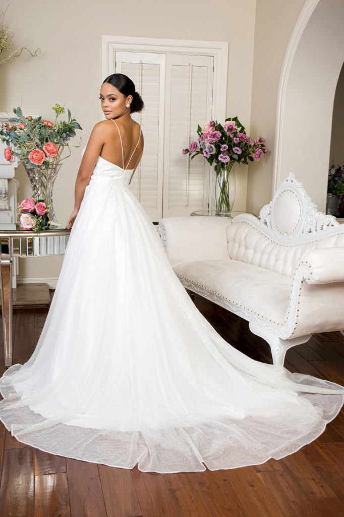 Embroidered Bodice Sweethearted Glitter Mesh Wedding Gown - RoshelLuxe.com
