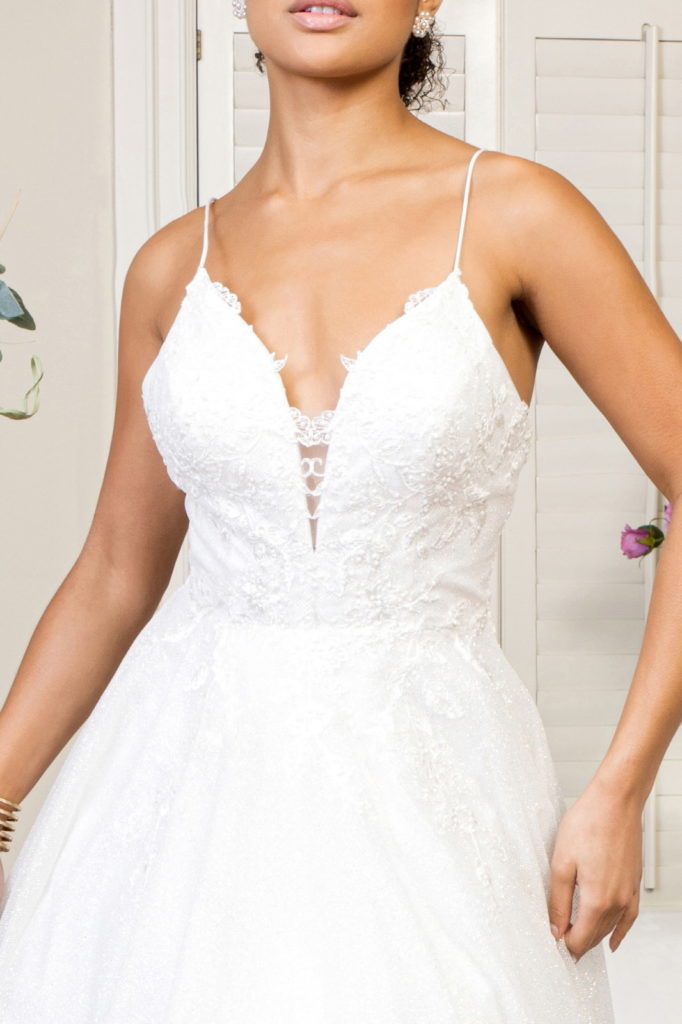 Embroidered Bodice Sweethearted Glitter Mesh Wedding Gown - RoshelLuxe.com
