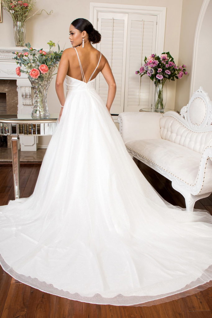 Embroidered Bodice Sweethearted Glitter Mesh Wedding Gown w/ Spaghetti Strap - RoshelLuxe.com