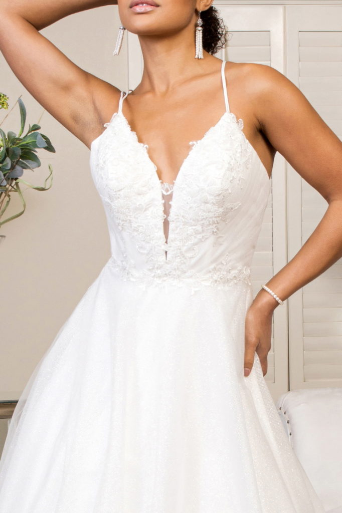 Embroidered Bodice Sweethearted Glitter Mesh Wedding Gown w/ Spaghetti Strap - RoshelLuxe.com
