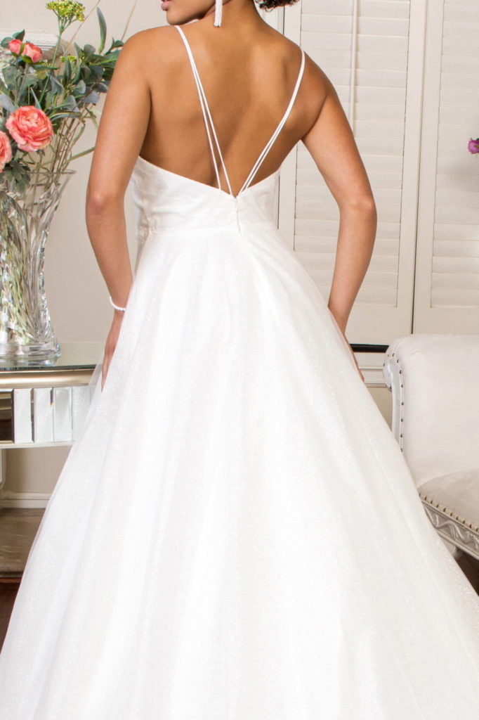 Embroidered Bodice Sweethearted Glitter Mesh Wedding Gown w/ Spaghetti Strap - RoshelLuxe.com