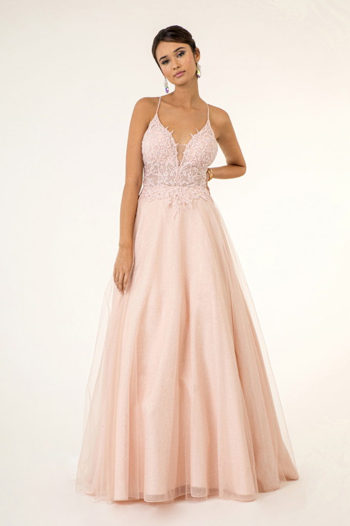 V-Neck Floral Embroidery Embellished Bodice Glitter Mesh Long Dress - RoshelLuxe.com