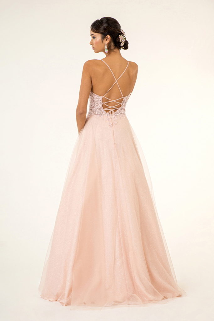 V-Neck Floral Embroidery Embellished Bodice Glitter Mesh Long Dress - RoshelLuxe.com