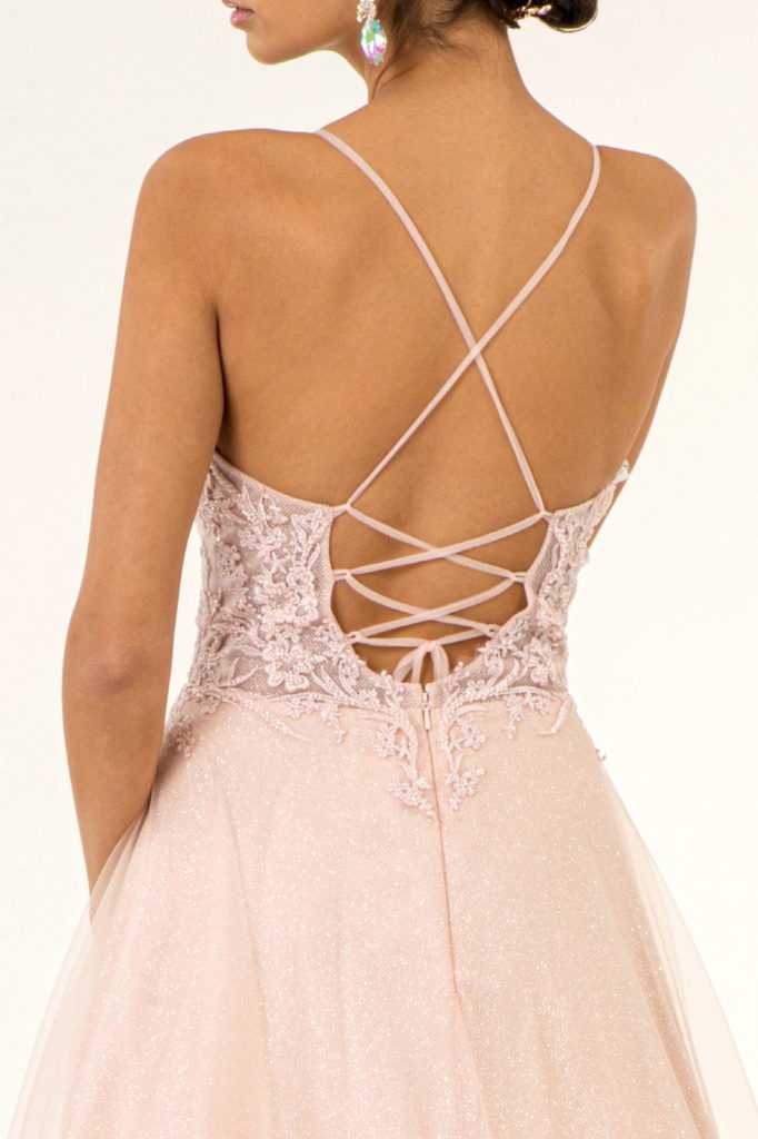 V-Neck Floral Embroidery Embellished Bodice Glitter Mesh Long Dress - RoshelLuxe.com