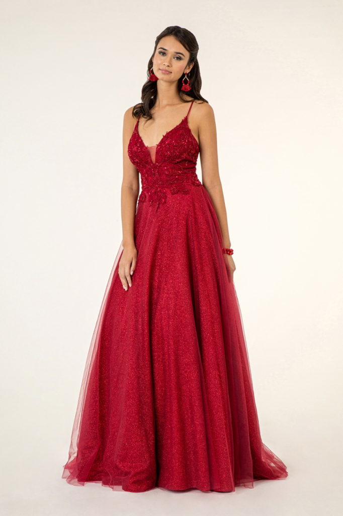 V-Neck Floral Embroidery Embellished Bodice Glitter Mesh Long Dress - RoshelLuxe.com
