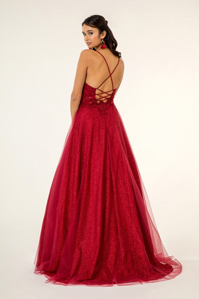 V-Neck Floral Embroidery Embellished Bodice Glitter Mesh Long Dress - RoshelLuxe.com