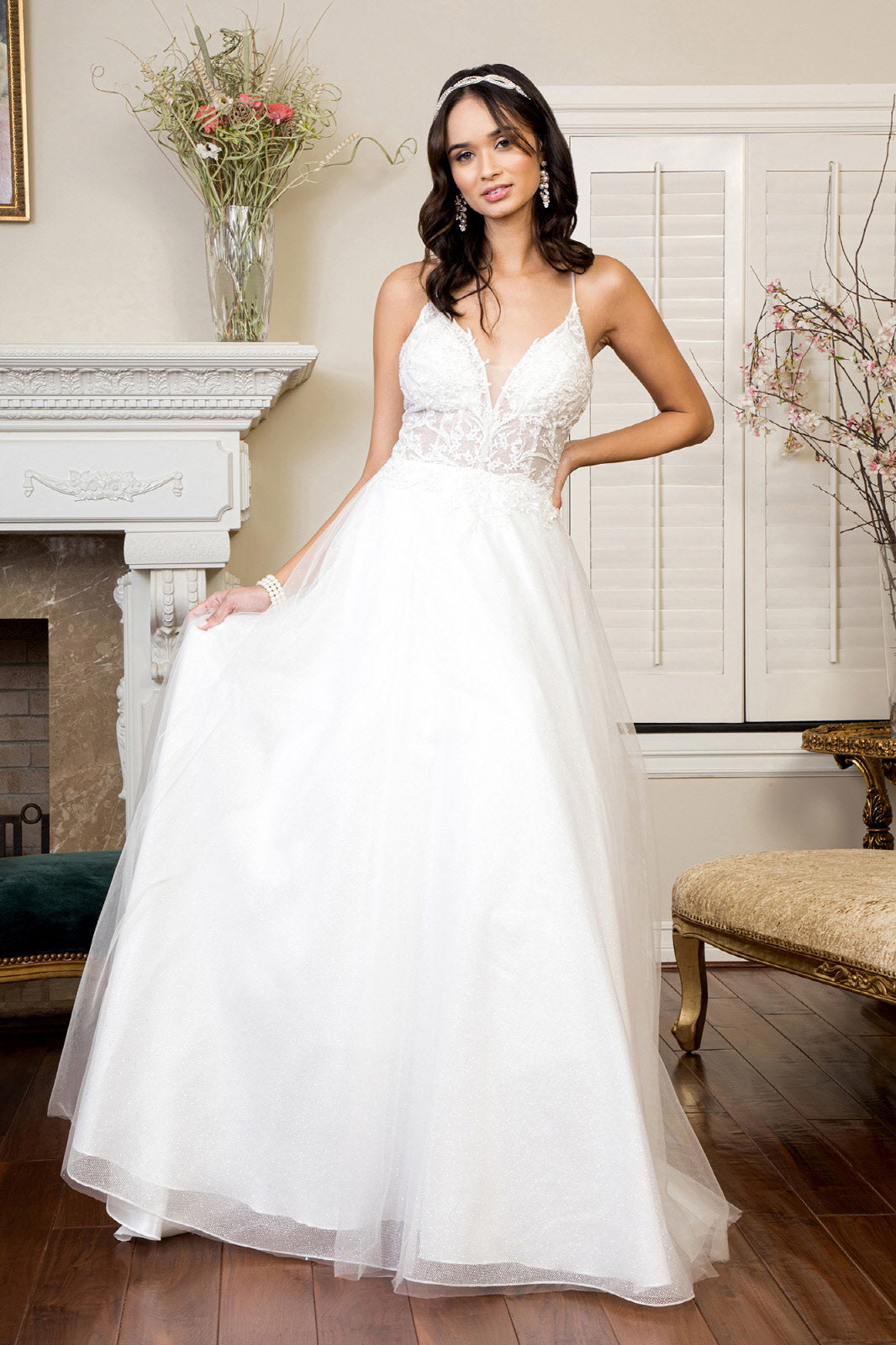 V-Neck Floral Embroidery Embellished Bodice Glitter Mesh Long Dress - RoshelLuxe.com