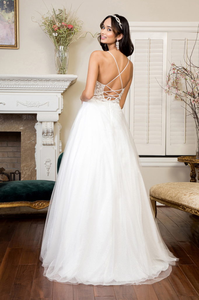 V-Neck Floral Embroidery Embellished Bodice Glitter Mesh Long Dress