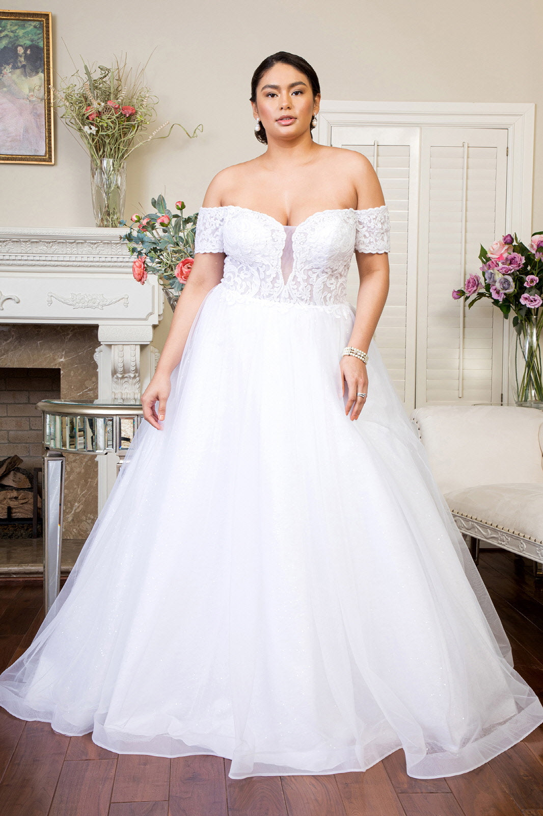 Embroidered Bodice Cut-Away Shoulder Glitter Mesh Wedding Gown w/ Sequin Mesh Lining - RoshelLuxe.com