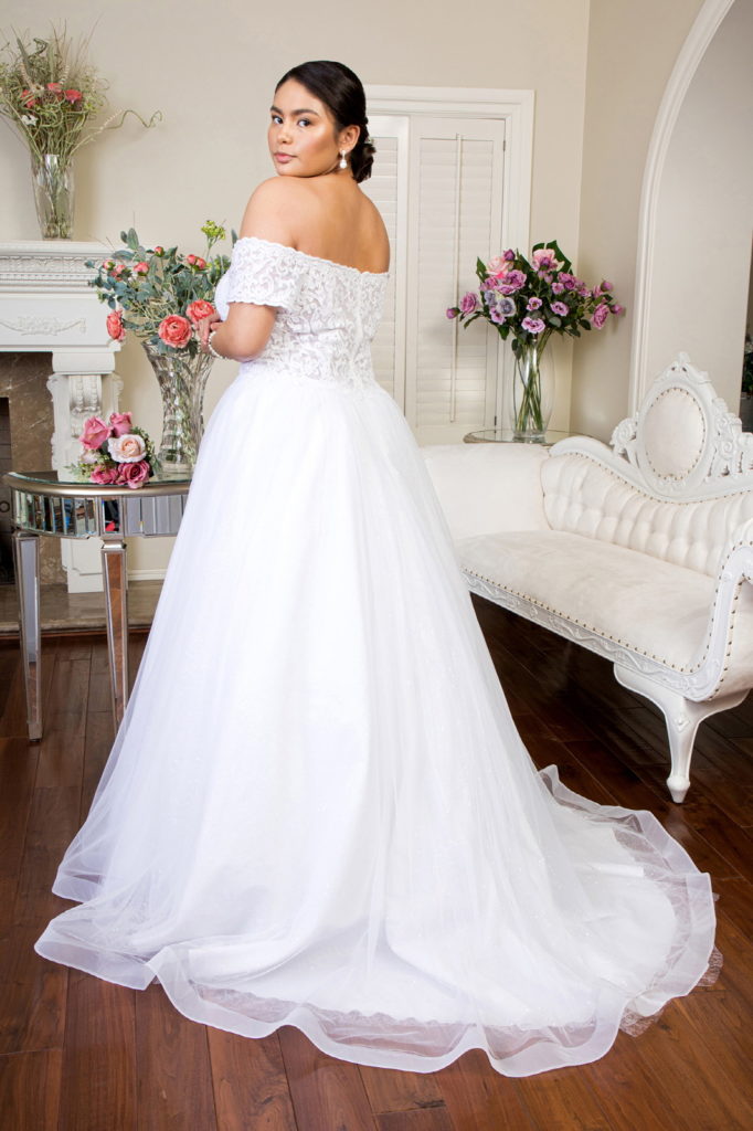 Embroidered Bodice Cut-Away Shoulder Glitter Mesh Wedding Gown w/ Sequin Mesh Lining - RoshelLuxe.com