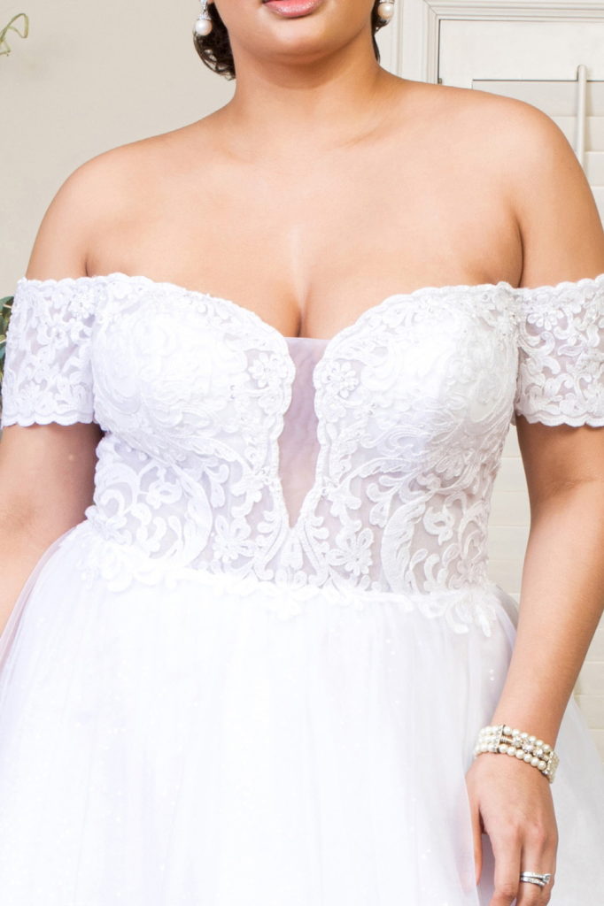 Embroidered Bodice Cut-Away Shoulder Glitter Mesh Wedding Gown w/ Sequin Mesh Lining - RoshelLuxe.com