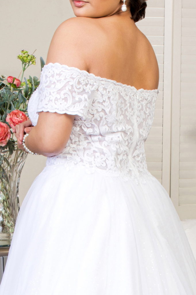 Embroidered Bodice Cut-Away Shoulder Glitter Mesh Wedding Gown w/ Sequin Mesh Lining - RoshelLuxe.com