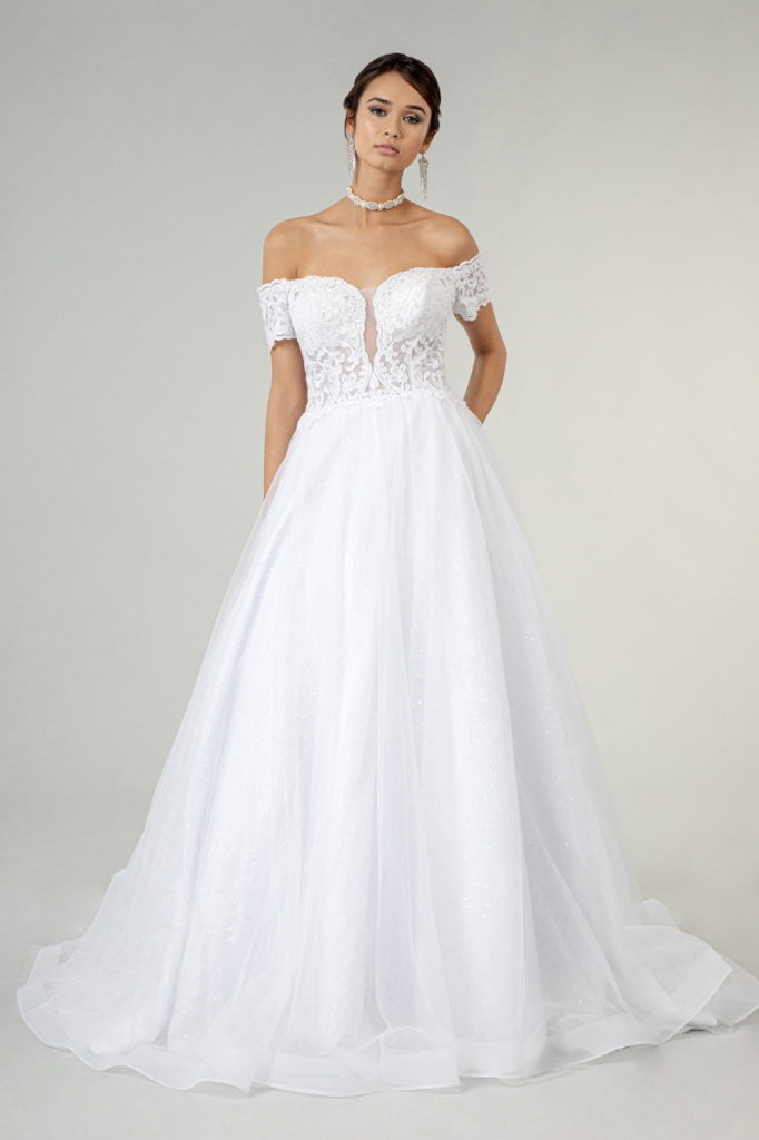 Embroidered Bodice Cut-Away Shoulder Glitter Mesh Wedding Gown w/ Sequin Mesh Lining - RoshelLuxe.com