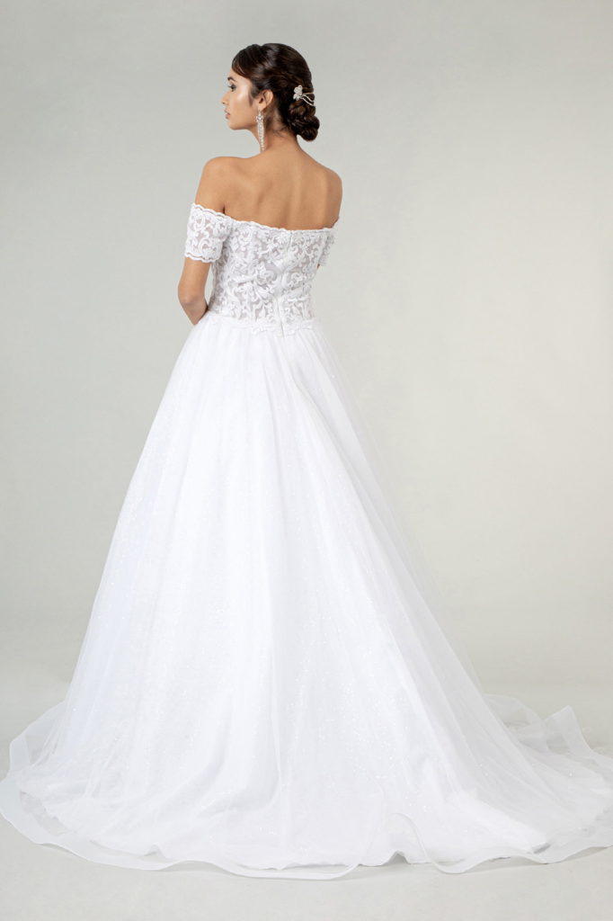 Embroidered Bodice Cut-Away Shoulder Glitter Mesh Wedding Gown w/ Sequin Mesh Lining - RoshelLuxe.com