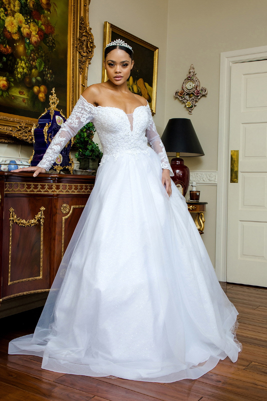 Cut-Away Shoulder Sheer Sleeve Embroidered Sweetheart Mesh Wedding Gown - RoshelLuxe.com