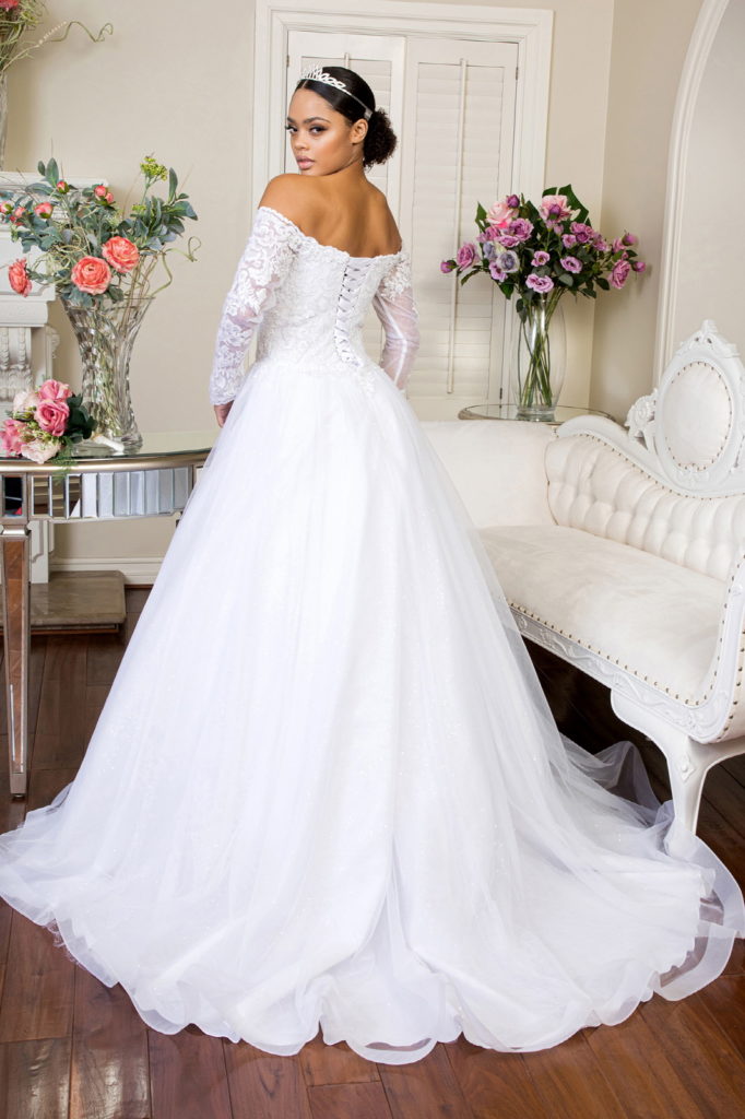 Cut-Away Shoulder Sheer Sleeve Embroidered Sweetheart Mesh Wedding Gown - RoshelLuxe.com