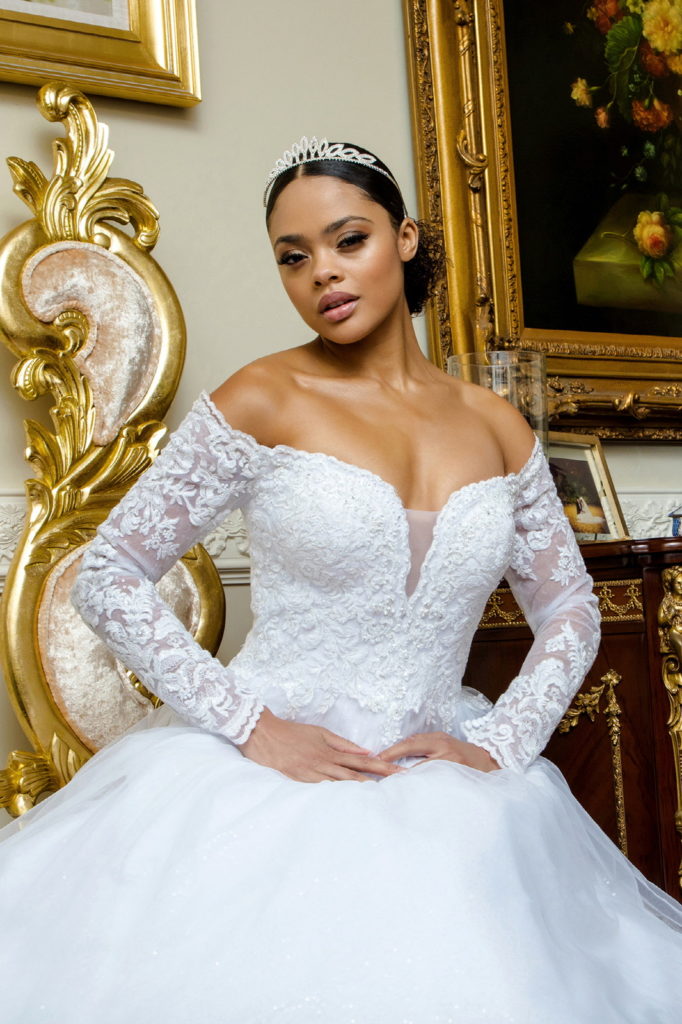 Cut-Away Shoulder Sheer Sleeve Embroidered Sweetheart Mesh Wedding Gown - RoshelLuxe.com