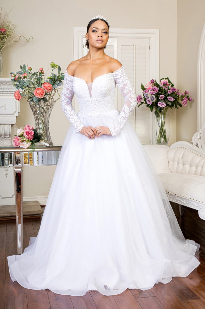 Cut-Away Shoulder Sheer Sleeve Embroidered Sweetheart Mesh Wedding Gown - RoshelLuxe.com
