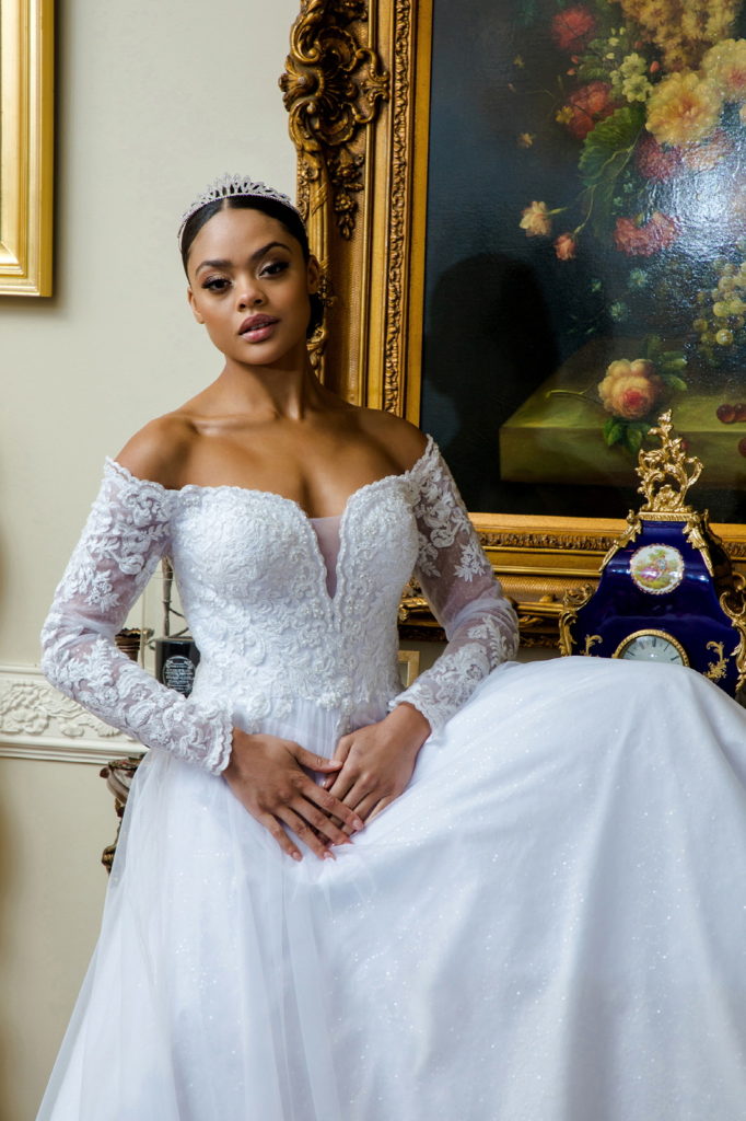 Cut-Away Shoulder Sheer Sleeve Embroidered Sweetheart Mesh Wedding Gown - RoshelLuxe.com