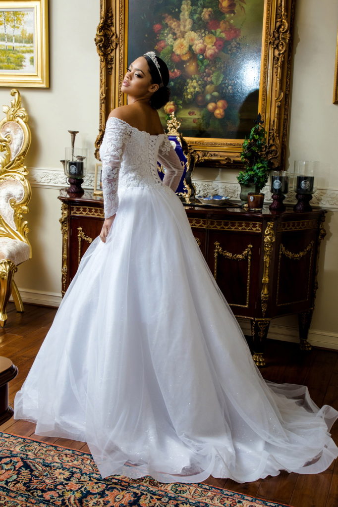Cut-Away Shoulder Sheer Sleeve Embroidered Sweetheart Mesh Wedding Gown - RoshelLuxe.com