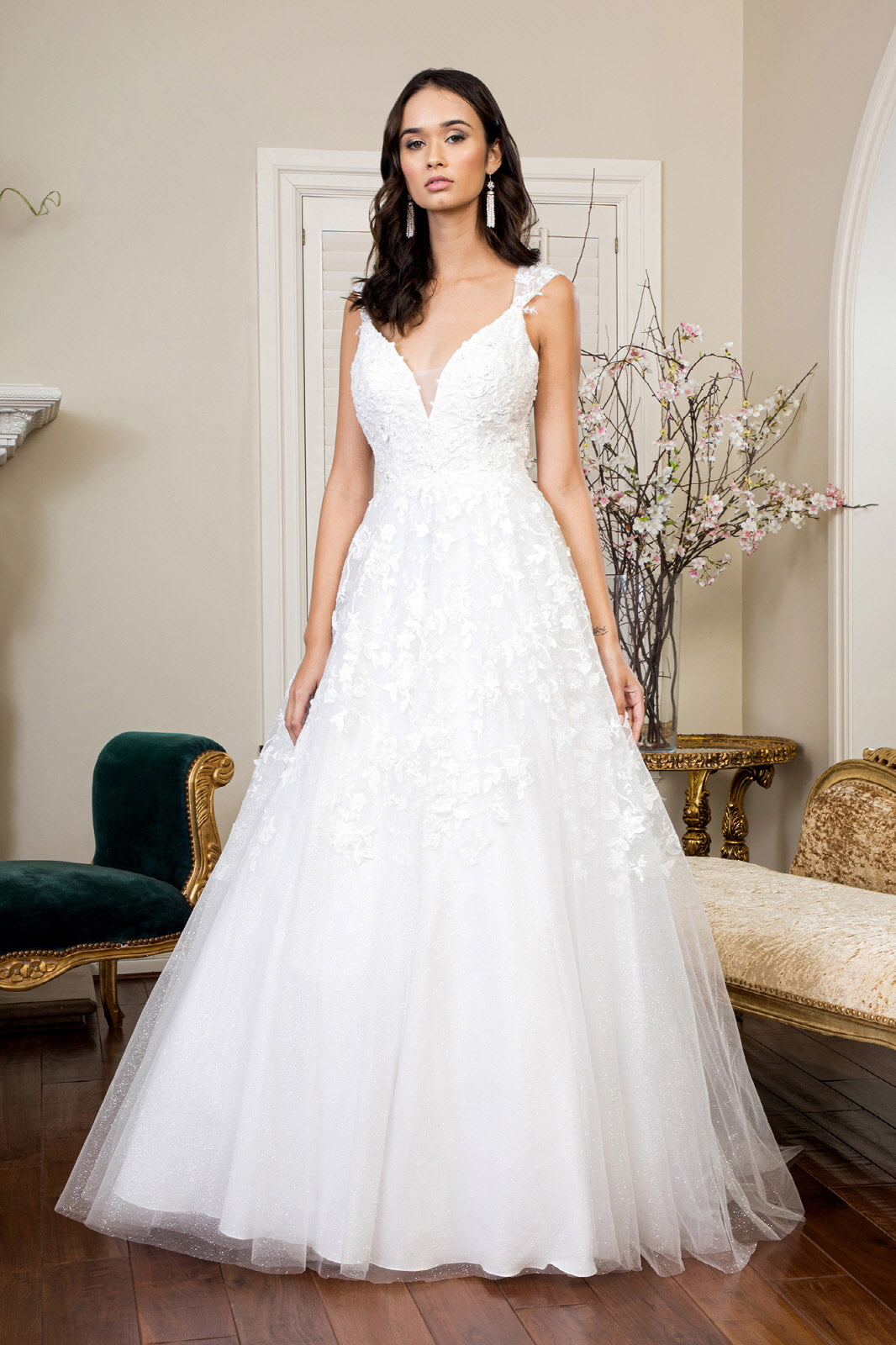 3D Floral Embroidery Cap Sleeve V-Neck Glitter Mesh Wedding Gown - Mask Not Included - RoshelLuxe.com