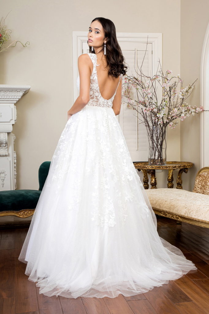 3D Floral Embroidery Cap Sleeve V-Neck Glitter Mesh Wedding Gown - Mask Not Included - RoshelLuxe.com