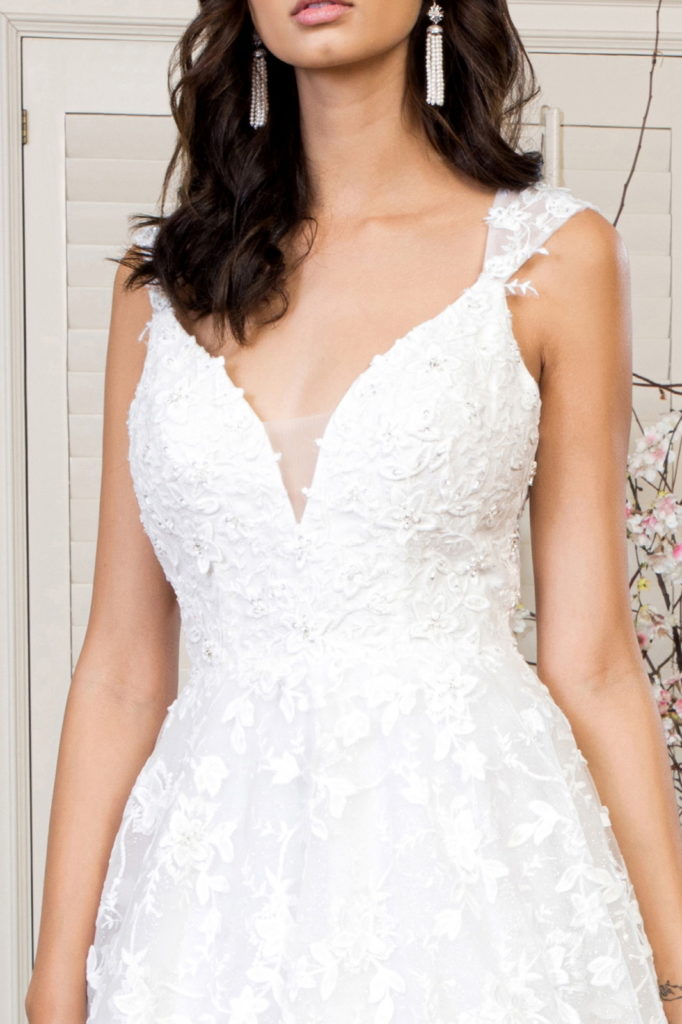 3D Floral Embroidery Cap Sleeve V-Neck Glitter Mesh Wedding Gown - Mask Not Included - RoshelLuxe.com