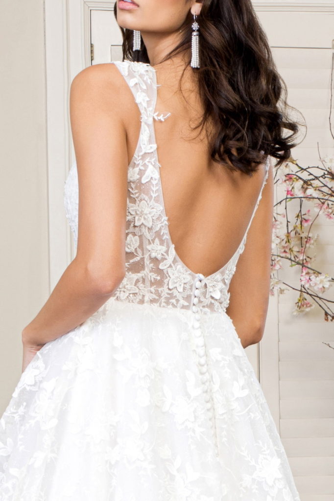 3D Floral Embroidery Cap Sleeve V-Neck Glitter Mesh Wedding Gown - Mask Not Included - RoshelLuxe.com