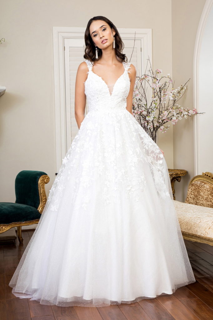 3D Floral Embroidery Cap Sleeve V-Neck Glitter Mesh Wedding Gown - Mask Not Included - RoshelLuxe.com
