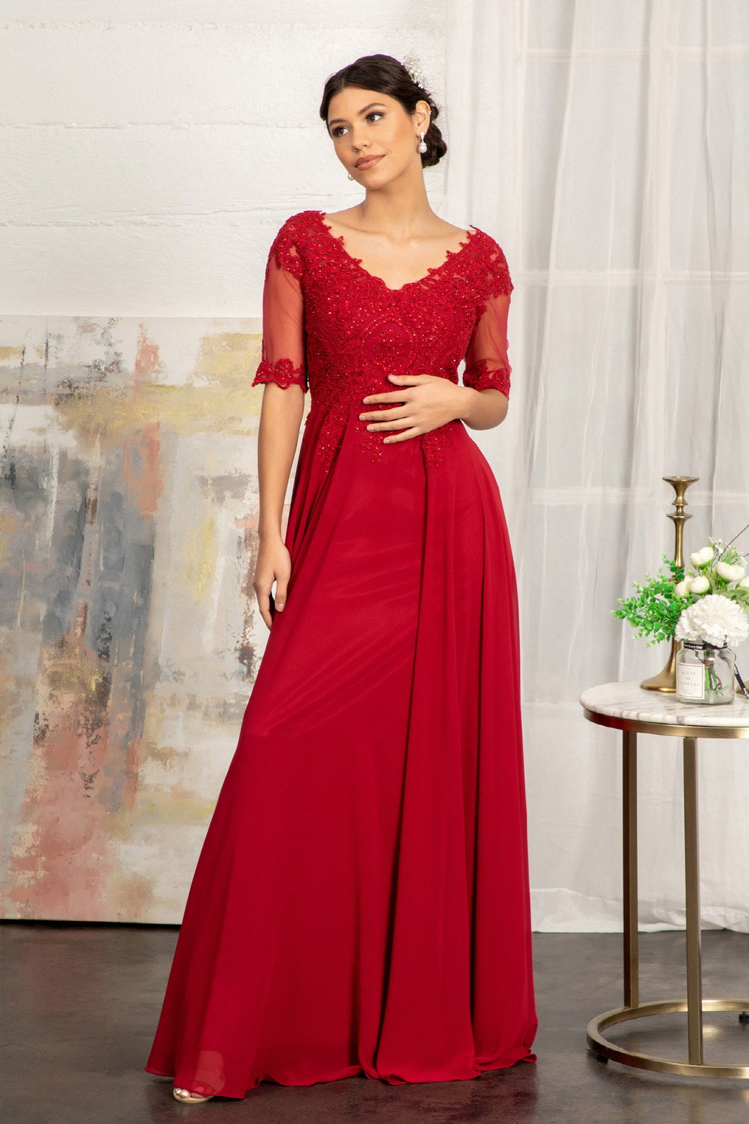 Rhinestone and Embroidery Embellished Chiffon Long Dress - RoshelLuxe.com