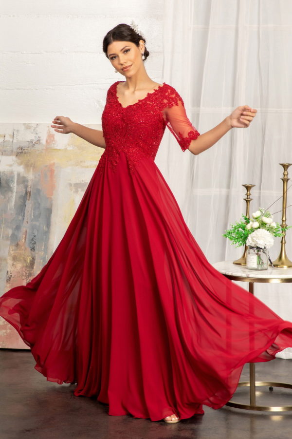 Rhinestone and Embroidery Embellished Chiffon Long Dress - RoshelLuxe.com