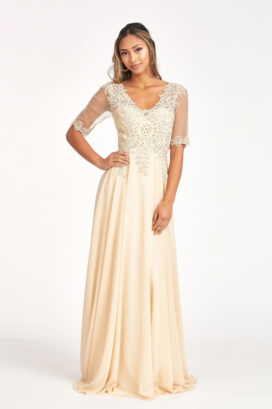 Rhinestone and Embroidery Embellished Chiffon Long Dress - RoshelLuxe.com