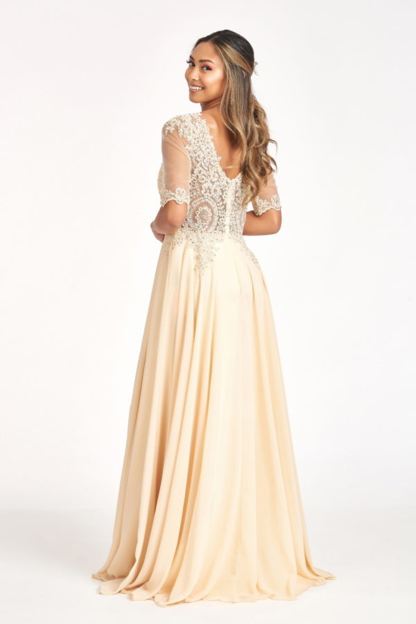 Rhinestone and Embroidery Embellished Chiffon Long Dress - RoshelLuxe.com