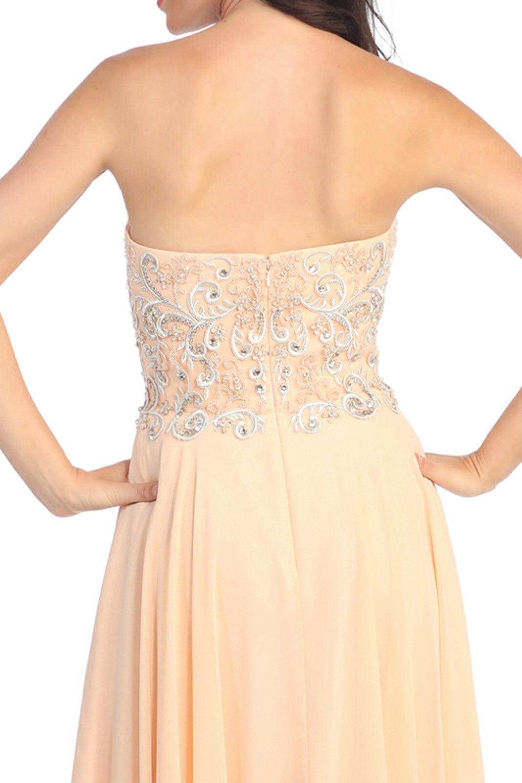 Sleeveless Sweetheart Chiffon Long Dress with Embroidered Detailing - RoshelLuxe.com