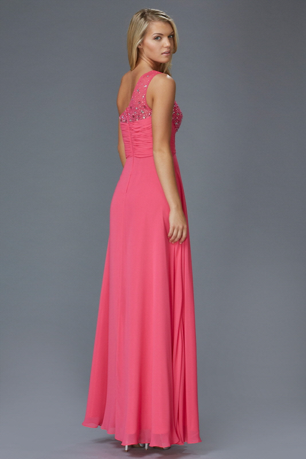 One Shoulder Floor Length Dress with Jewel Embellished Bodice - RoshelLuxe.com