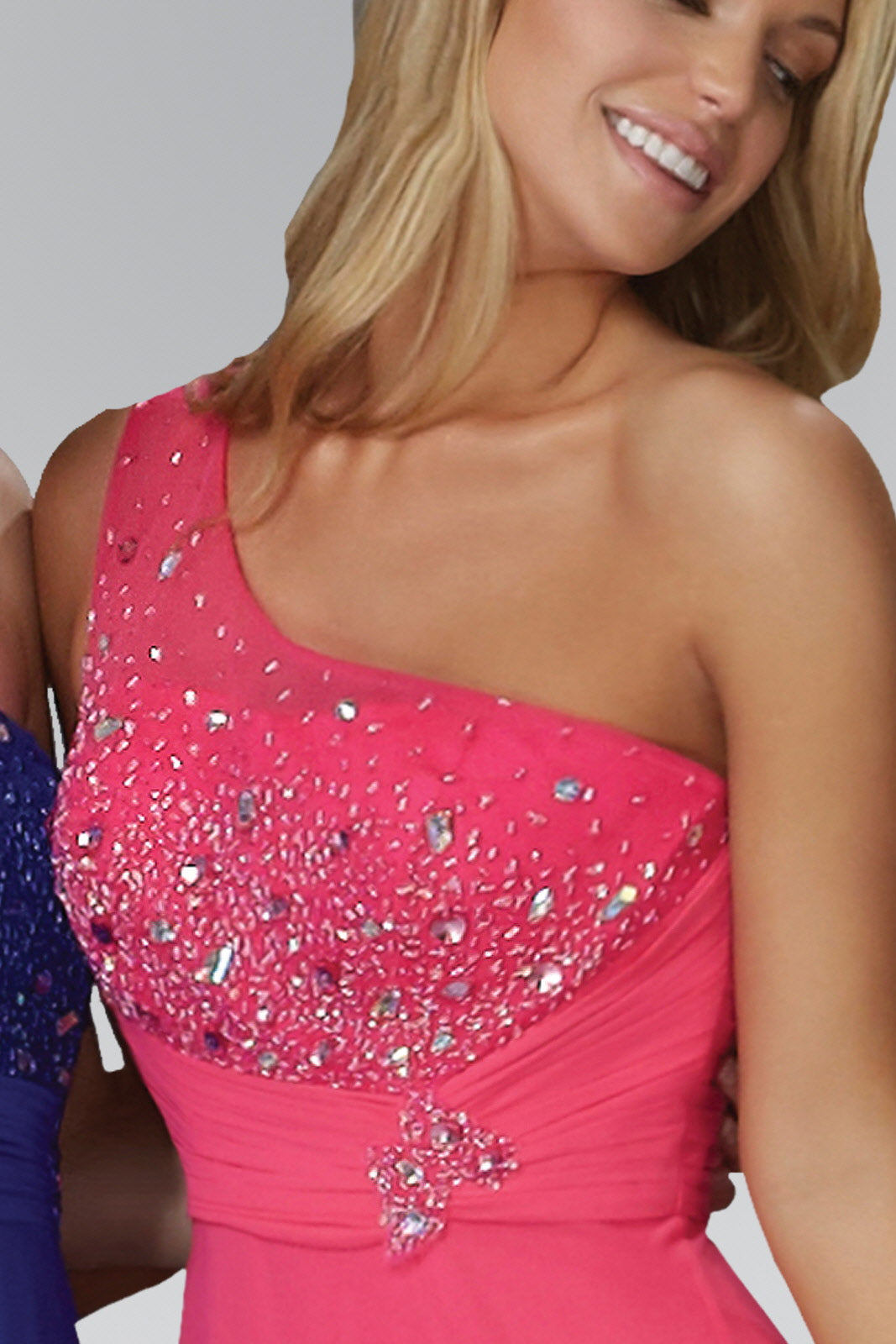 One Shoulder Floor Length Dress with Jewel Embellished Bodice - RoshelLuxe.com