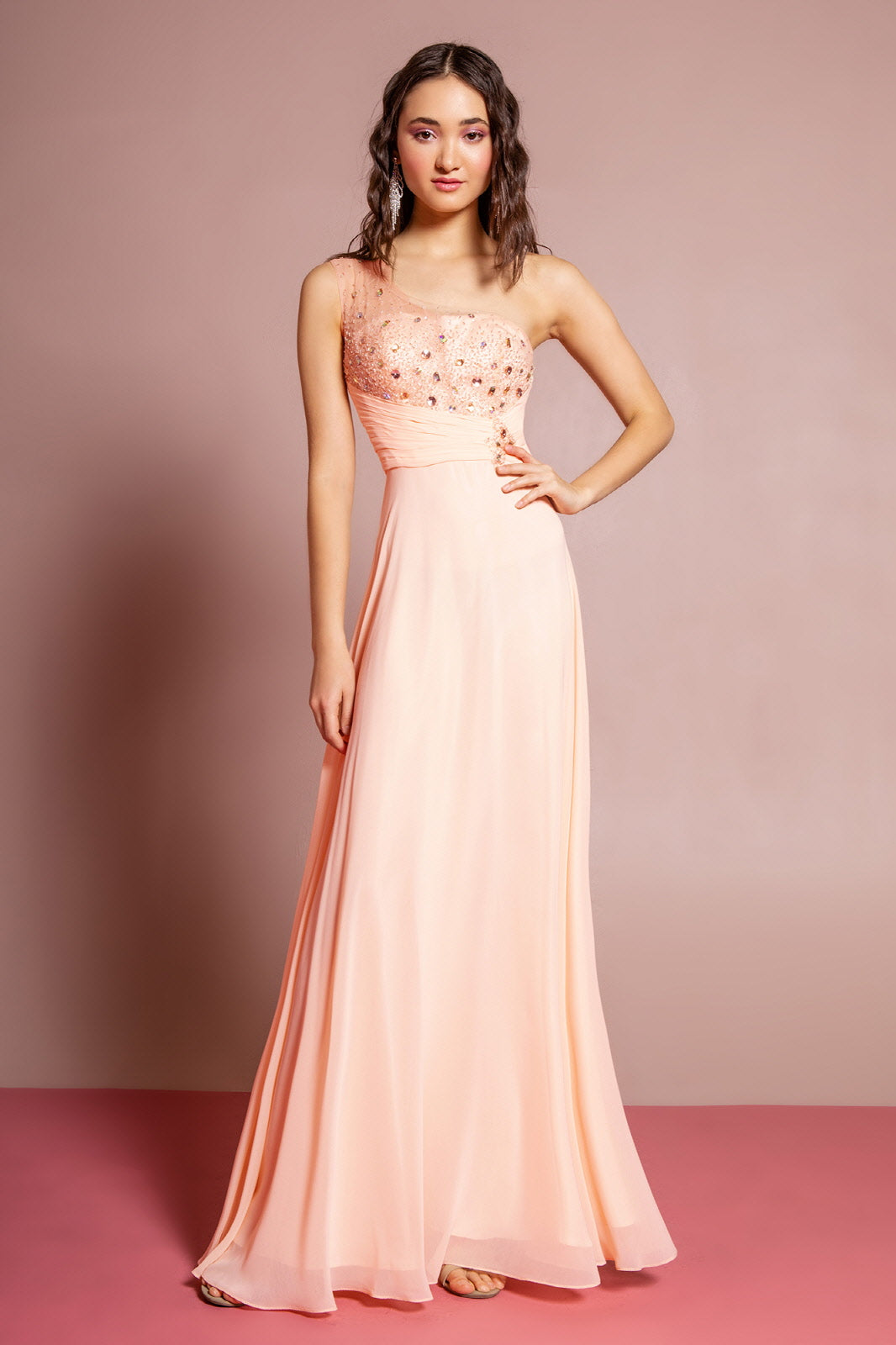 One Shoulder Floor Length Dress with Jewel Embellished Bodice - RoshelLuxe.com