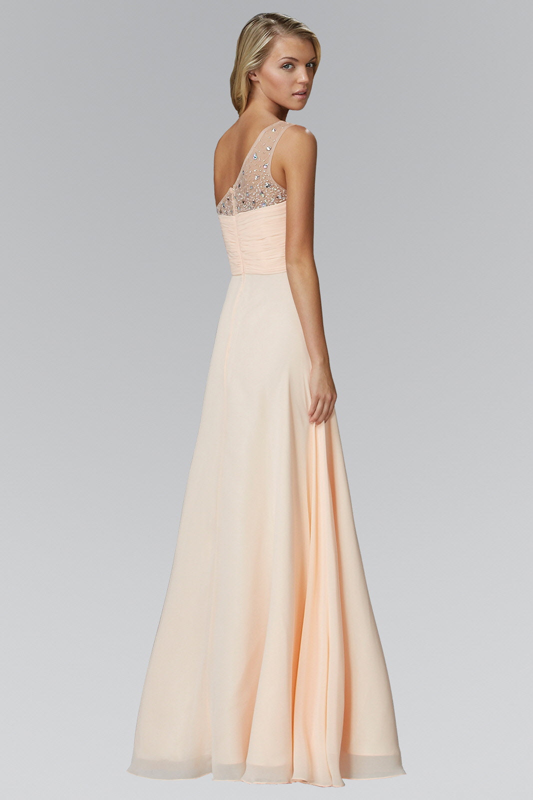 One Shoulder Floor Length Dress with Jewel Embellished Bodice - RoshelLuxe.com
